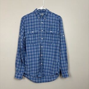 L.L. Bean Top Womens Blue White Plaid Roll Tab Button Down Collared Shirt